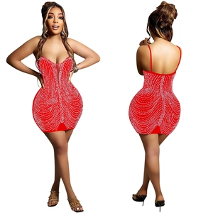 Front and back view of red bodycon mini dress with rhinestone waves and open back