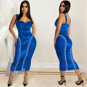 Sexy blue bodycon midi dress with spaghetti straps and rhinestone side details