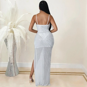 Detailed back view of white sequined mesh dress with thin straps and open back cutout