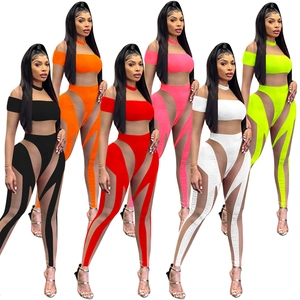 Sexy Damen Netzgewebe Spleißen Transparent Jumpsuit Polyester Elasthan Langarm Top And Bottom Clubwear Nachtclub Party Bodycon Outfits
