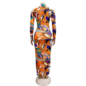 Back view of bodycon maxi dress featuring vibrant abstract print and mesh fabric