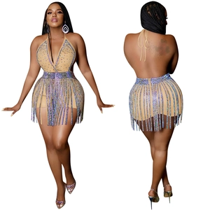 Detail of backless halter top and fringe skirt set with rhinestones and sequins