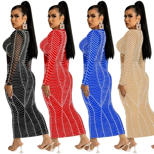 Sexy mesh bodycon maxi dress with rhinestones and long sleeves in four colors
