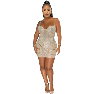 Close-up of sparkling rhinestones and mesh texture on this sexy party bodycon dress