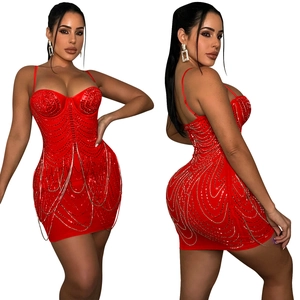 Detail of red rhinestone corset mini dress featuring beaded fringe and sequin embroidery