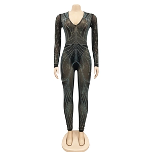 Detail of sheer black mesh jumpsuit with symmetrical blue and silver rhinestone patterns