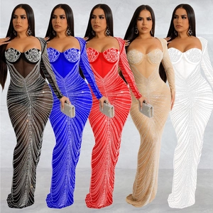 Élégante Robe Maxi Moulante en Maille Transparente pour Femmes avec Strass Sexy Dos Nu Manches Longues Soirée