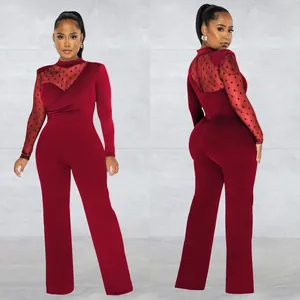 Detailed view of burgundy mesh jumpsuit featuring polka dot tulle and wide leg cut