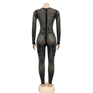 Rear view of mesh jumpsuit with sparkling rhinestones and invisible back zipper