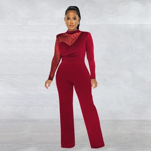 Detail of burgundy mesh polka dot sleeve and crossover pleated bodice on jumpsuit