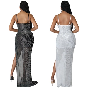 Sexy rhinestone slit mesh dress with spaghetti straps in black and white colors