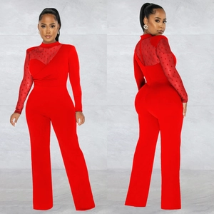 Polka dot mesh sleeve wide leg red jumpsuit for women in front and back view