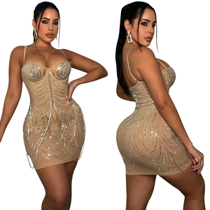 Detail shot of sparkling silver rhinestones on a nude mesh bodycon party dress
