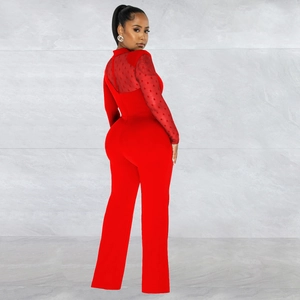 Detail view of red jumpsuit with sheer polka dot mesh sleeves and back cutout