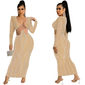 Sexy V-neck mesh sheer maxi dress featuring spider web rhinestone patterns and cut-out waist