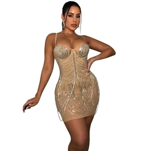 Detailed view of silver rhinestones and fringe tassels on a luxury bodycon mesh dress