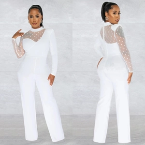 Detail of white wide-leg jumpsuit with polka dot mesh sleeves and sheer neckline