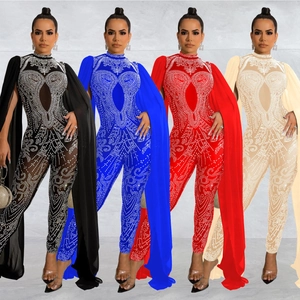 Women Rhinestone Mesh Jumpsuit With Cape Sleeves Sheer Bodycon Sexy Elegant Evening Party Banquet Performance Long Pants Jumpsuit
