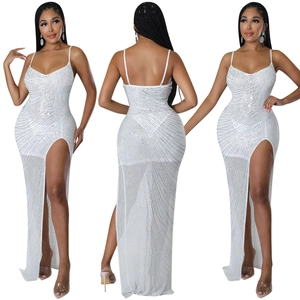 Detailed views of a white sequin slit dress showing front and back bodycon fit