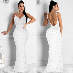 Elegant white rhinestones evening dress with open back and slim fit mermaid silhouette