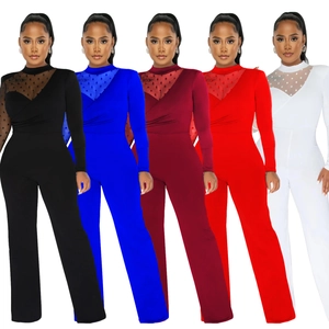 Detail view of polka dot mesh patchwork on stylish long sleeve wide leg jumpsuit colors