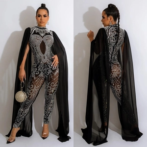 Women's black rhinestone mesh jumpsuit with cape, front and back view on white background