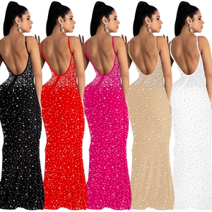Sexy backless bodycon maxi dress with rhinestones available in five vibrant colors