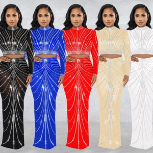 Damen Elegant Strass Netz Top And Bottom Langarm Crop Top Fischschwanz Maxirock Party Bankett Durchsichtig Outfits