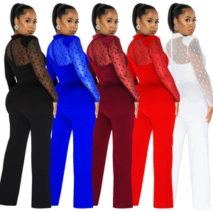 Women's mesh sheer polka dot jumpsuit with wide leg pants in five various solid colors