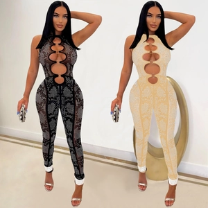 Women Sexy Mesh See Through Rhinestone Jumpsuit Sleeveless Cut Out Metal Ring Bodycon Party Nightclub Romper Long Pants