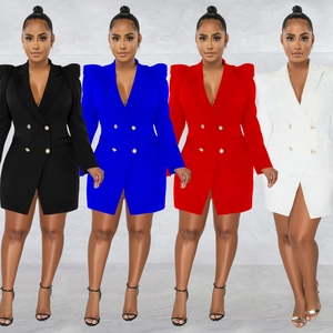 Women Elegant V Neck Blazer Dress Long Sleeve Double Breasted Shoulder Pads Slim Fit Mini Office Party Evening Dress