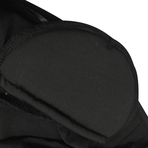Detail of sheer mesh stitching and padded cup on a black long sleeve sexy dress