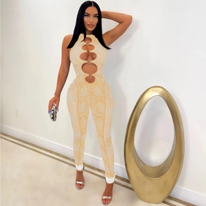 Sheer mesh jumpsuit for women with rhinestones, metal rings and waist cut-outs