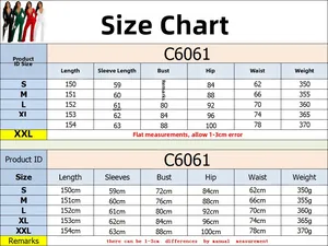Size chart detail for V-neck rhinestone jumpsuit showing measurements from S to XXL