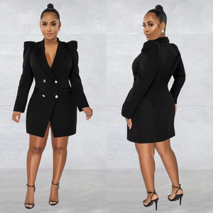 Women's black double-breasted blazer dress with gold buttons and padded shoulders
