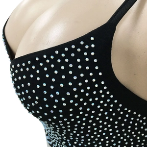 Detail shot of black mesh camisole with colorful AB rhinestones and slim straps