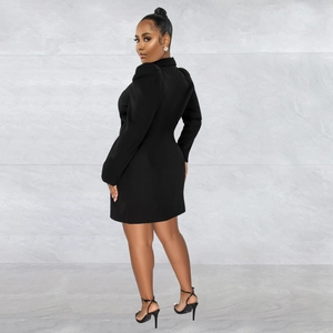 Close-up back view of a slim-fit black long-sleeve mini dress with shoulder padding