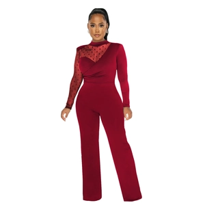 Detail of burgundy jumpsuit featuring polka dot sheer mesh sleeve and gathered waistline