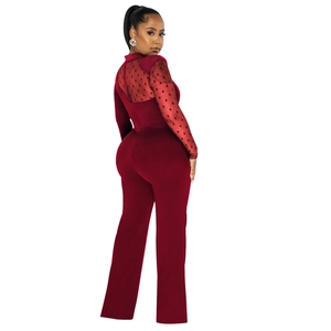Detail view of burgundy mesh patchwork jumpsuit showing polka dot sheer long sleeves