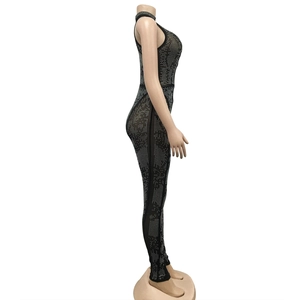 Side view of black sleeveless mesh jumpsuit with sparkling silver rhinestone grid pattern