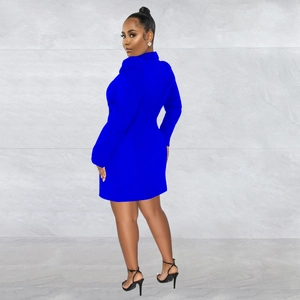 Side view of a royal blue long-sleeve blazer dress with slim fit and mini length