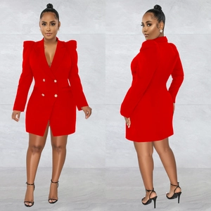 Red slim fit blazer dress with double-breasted buttons and padded puff shoulders