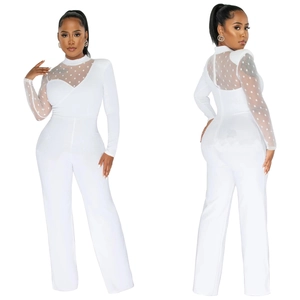 Front and back detail of white mesh jumpsuit with polka dot sheer sleeves and wide leg pants