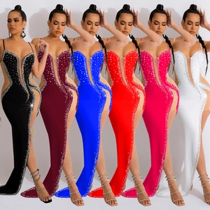 Women Sexy Deep V Neck Sleeveless Rhinestone Maxi Dress Mesh Splicing High Slit Evening Party Bodycon Formal Long Dress