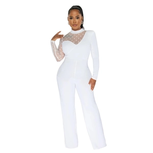 Detail of white mesh sleeve with polka dot pattern and elegant mock neck bodysuit