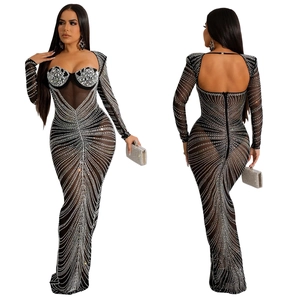 Détail de la robe maxi en mesh transparent avec strass argentés et dos nu élégant