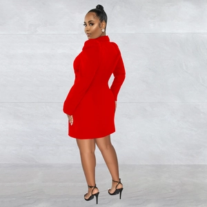 Detailed back view of a slim-fit red blazer dress with long sleeves and padded shoulders