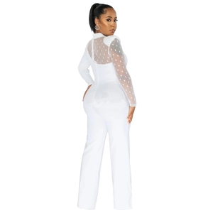 Detail of white jumpsuit featuring sheer polka dot mesh sleeves and an open back design