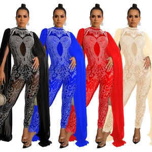 Detail of sheer mesh jumpsuit with rhinestones and cape sleeves in four colors
