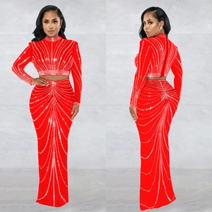 Rotes 2-teiliges Damen-Set aus Mesh mit langen Ärmeln und Strasssteinen im Bodycon-Stil